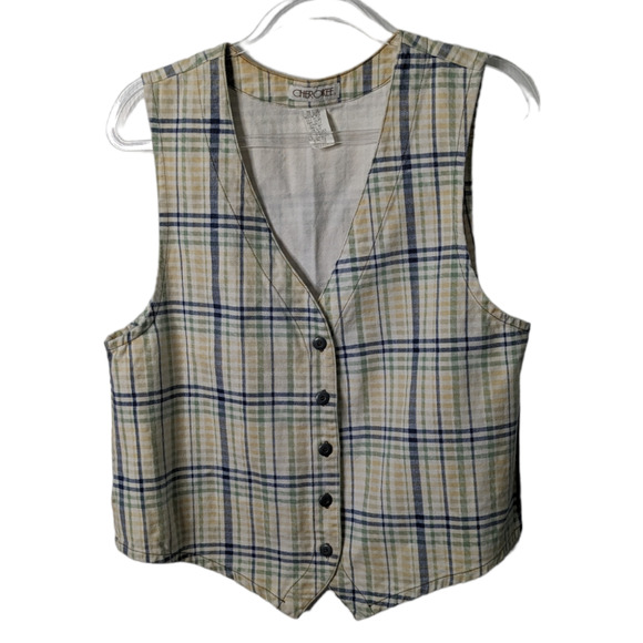 Vintage 90's Cherokee Plaid Striped Print Vest Cotton Canvas Size Medium - Picture 1 of 7